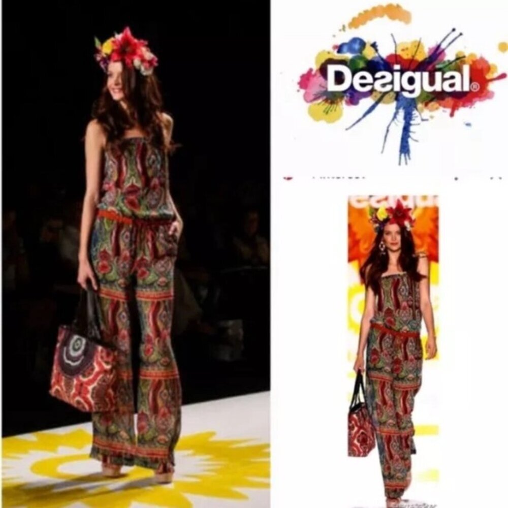 Desigual Floral Aztec Print Sleeveless Straps Wide Leg Jumpsuit 51P26D7 Size 32‎ - Picture 4 of 16